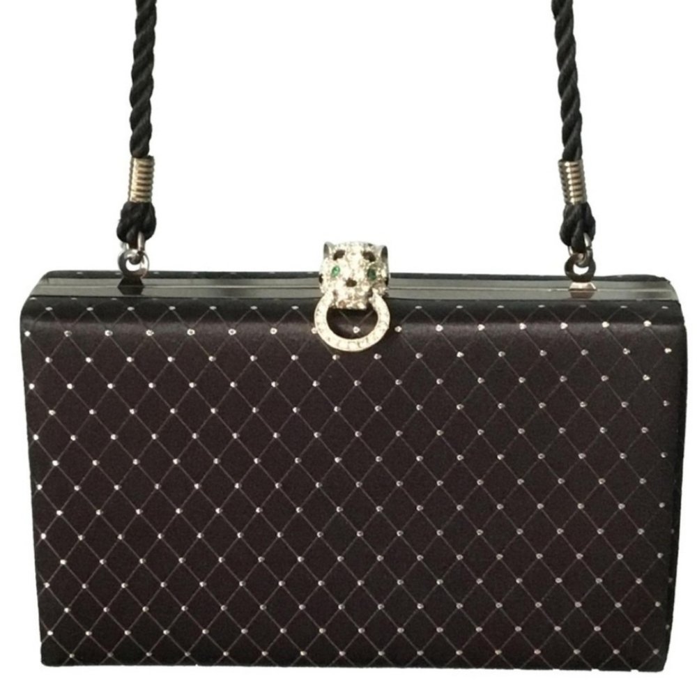 NWOT Kenneth Jay Lane Black Satin Swiss Panther Kiss Clutch Purse